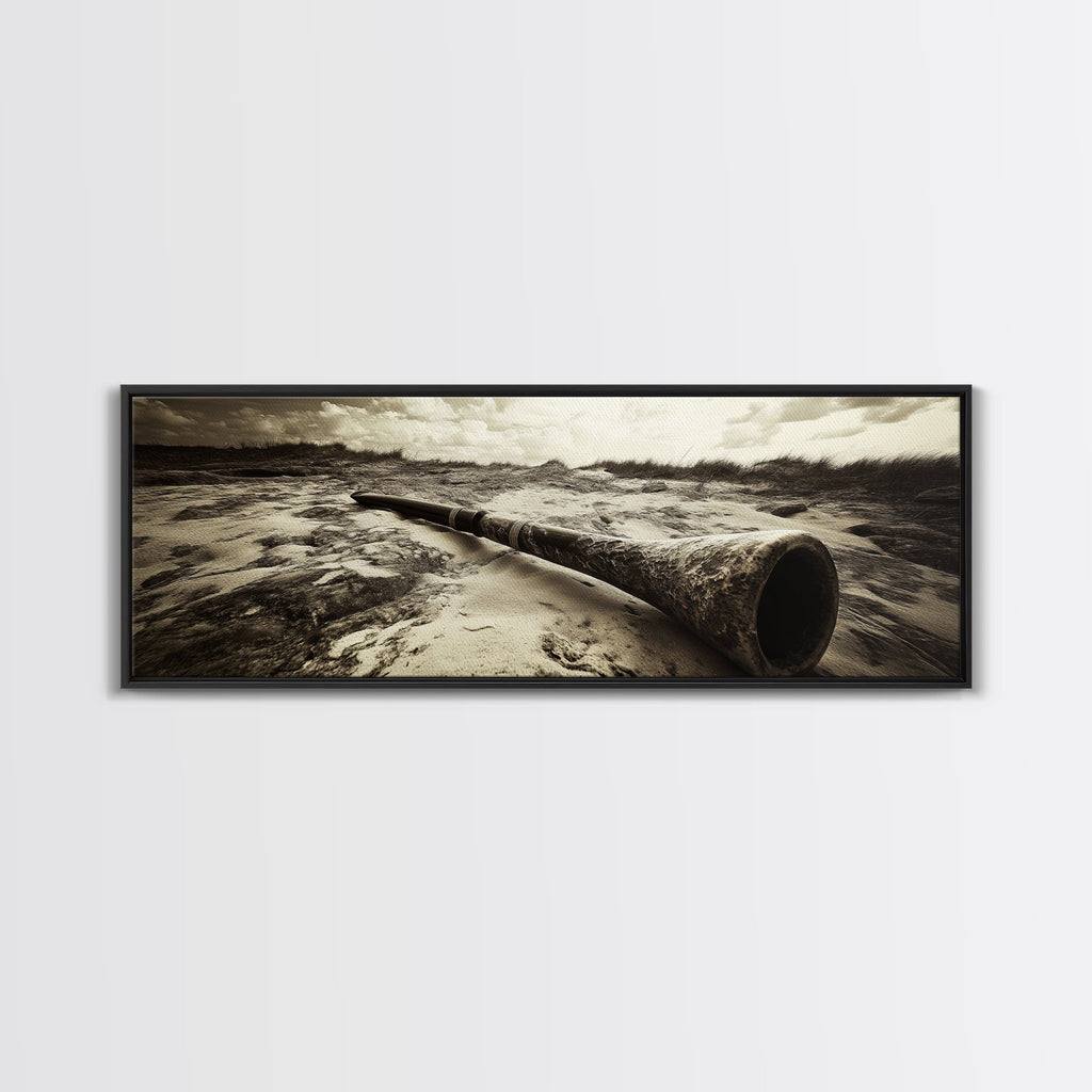 Didgeridoo Desert Scene, Tribal Instrument Art, Rustic Beach Vibe, Boho Music Decor, Framed Canvas Print, Eclectic Living Room Wall Art