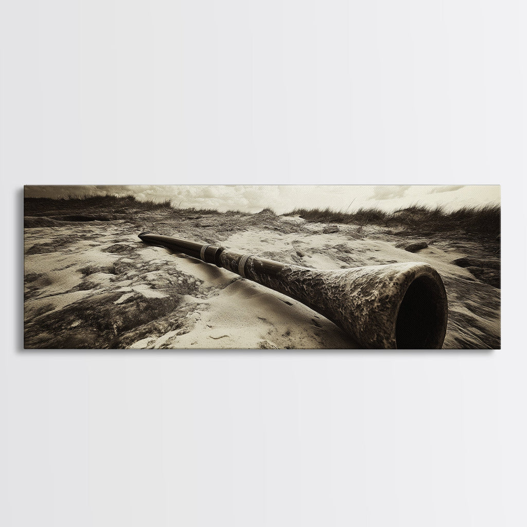 Didgeridoo Desert Scene, Tribal Instrument Art, Rustic Beach Vibe, Boho Music Decor, Framed Canvas Print, Eclectic Living Room Wall Art