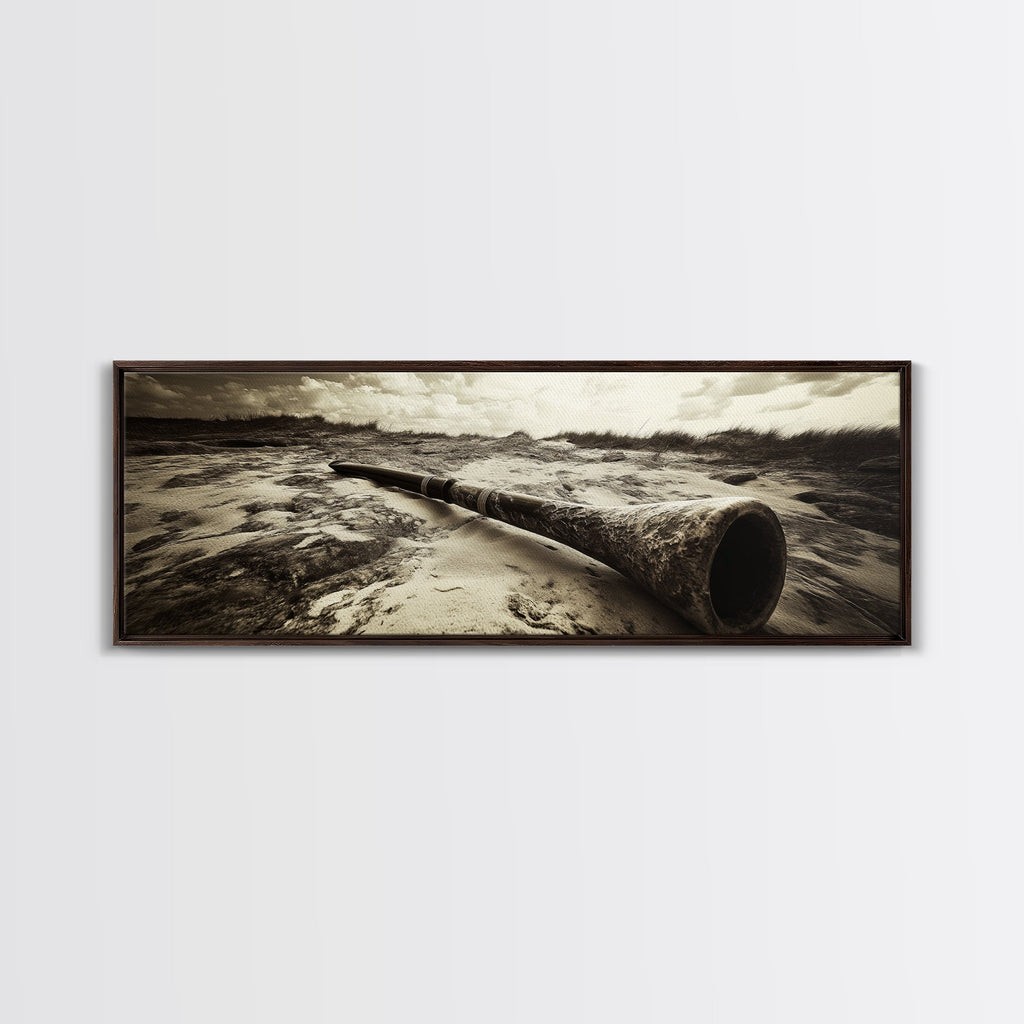 Didgeridoo Desert Scene, Tribal Instrument Art, Rustic Beach Vibe, Boho Music Decor, Framed Canvas Print, Eclectic Living Room Wall Art