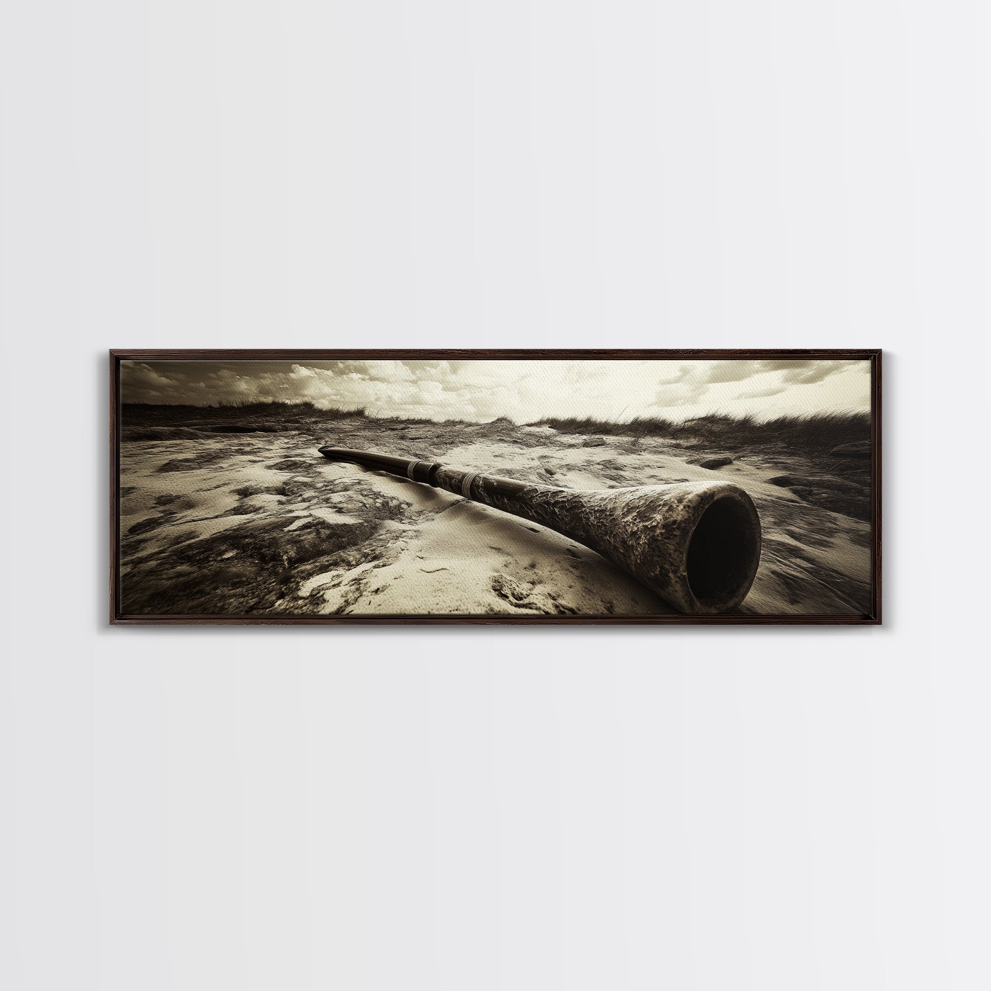 Didgeridoo Desert Scene, Tribal Instrument Art, Rustic Beach Vibe, Boho Music Decor, Framed Canvas Print, Eclectic Living Room Wall Art