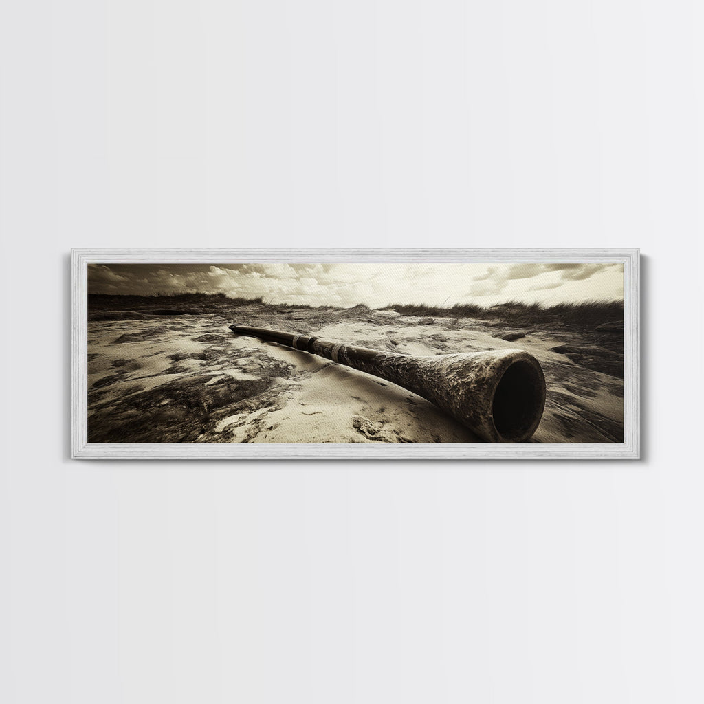 Didgeridoo Desert Scene, Tribal Instrument Art, Rustic Beach Vibe, Boho Music Decor, Framed Canvas Print, Eclectic Living Room Wall Art