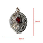 Sterling Silver Ornate Oval Locket Pendant - Red Glass Accent (.925)