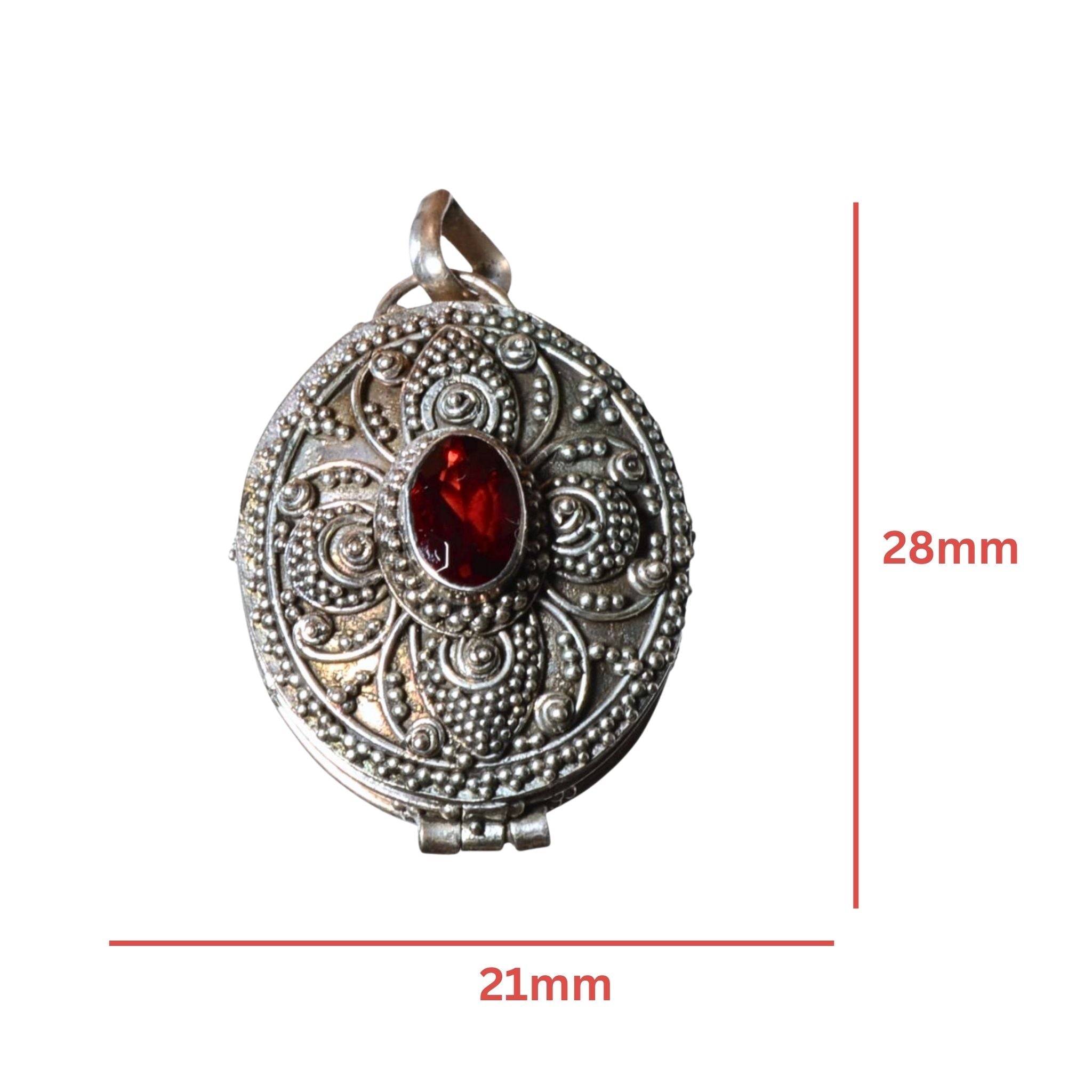 Sterling Silver Ornate Oval Locket Pendant - Red Glass Accent (.925)