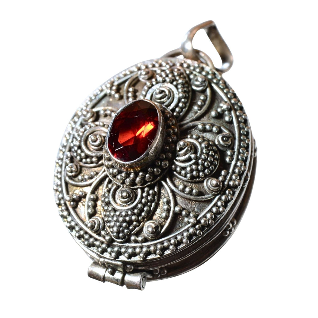 Sterling Silver Ornate Oval Locket Pendant - Red Glass Accent (.925)