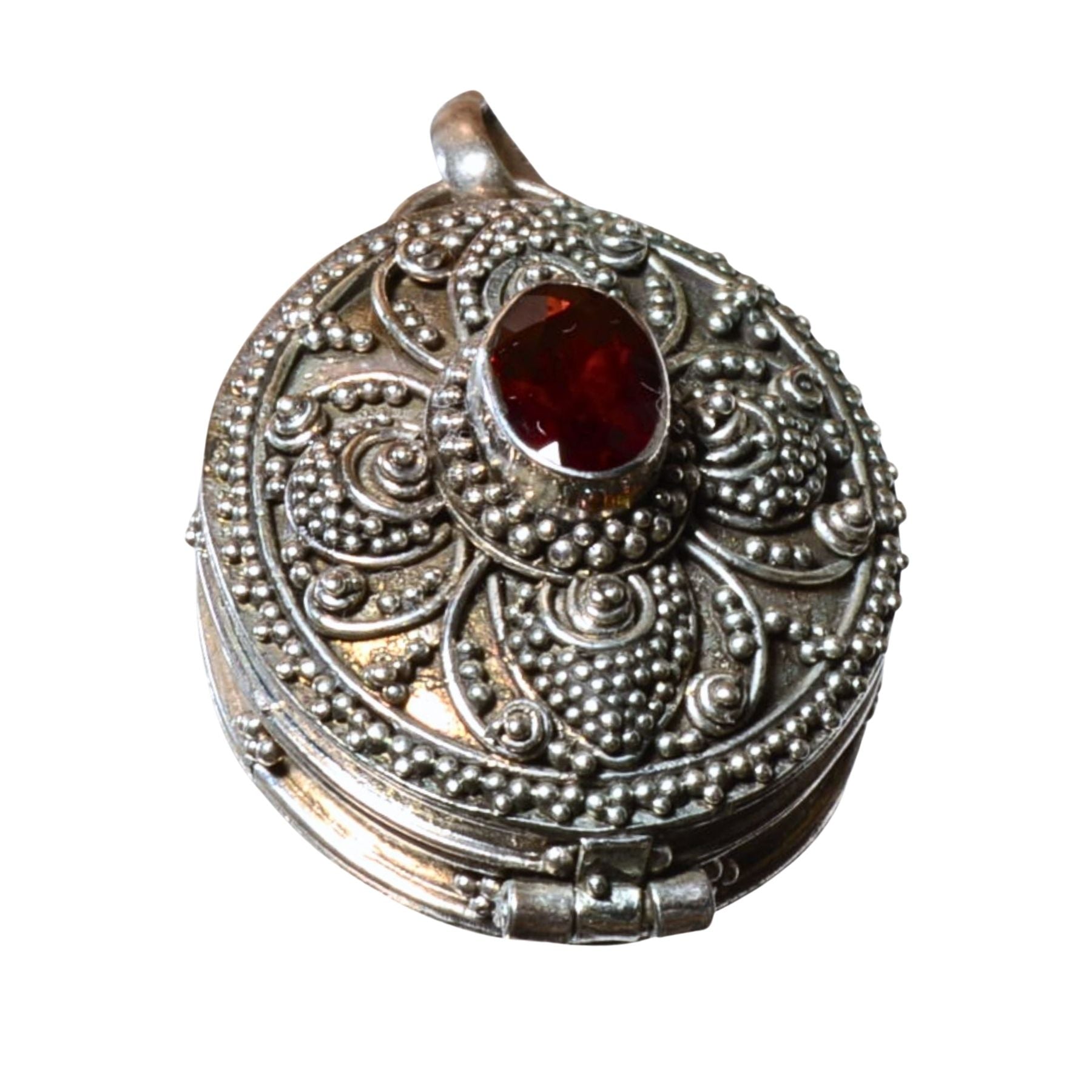 Sterling Silver Ornate Oval Locket Pendant - Red Glass Accent (.925)
