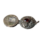 Sterling Silver Ornate Oval Locket Pendant - Red Glass Accent (.925)