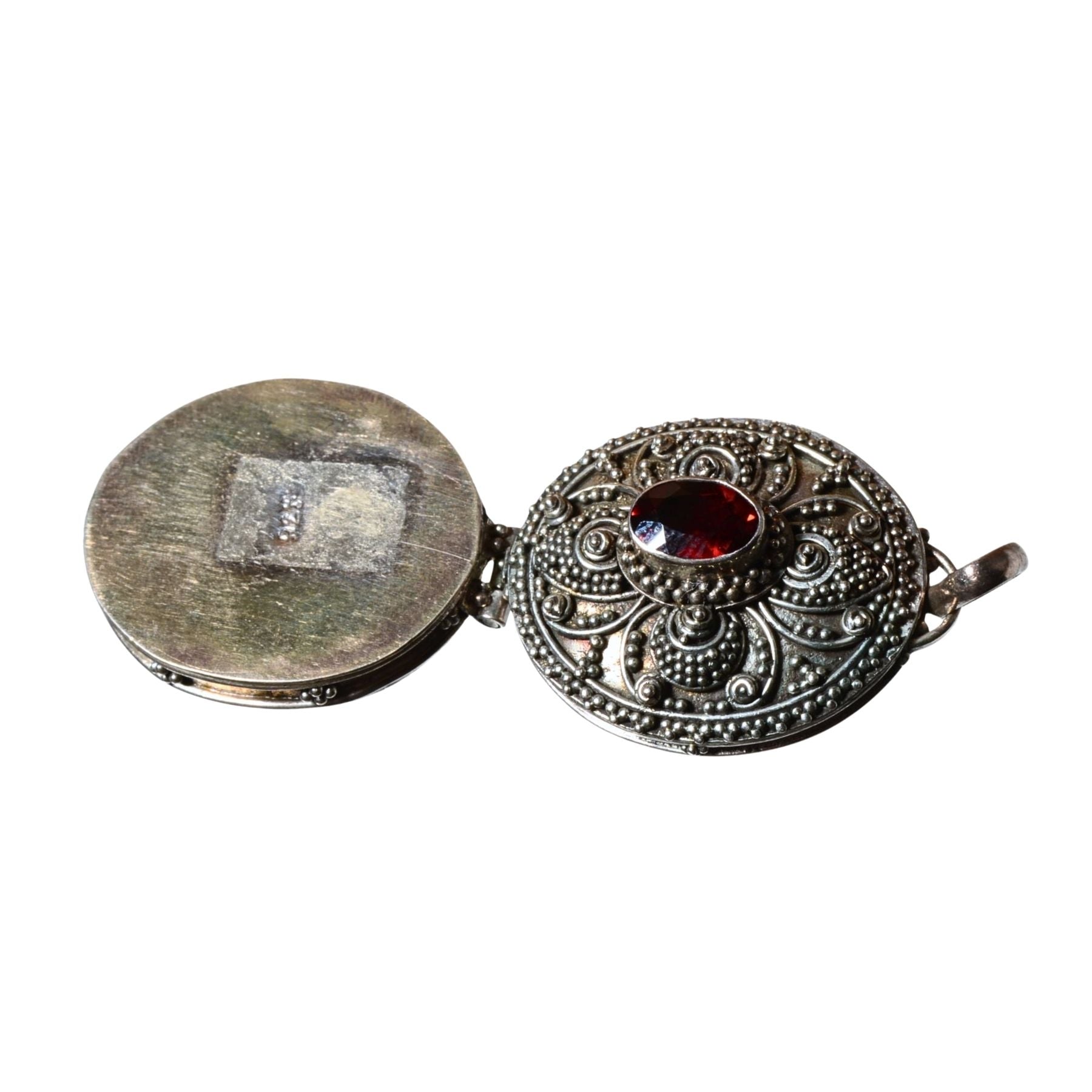 Sterling Silver Ornate Oval Locket Pendant - Red Glass Accent (.925)