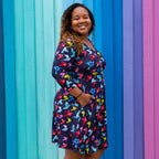 Adult "Flight of Fancy" Origami Birds V-Neck A-Line Dress with Sleeves and Pockets