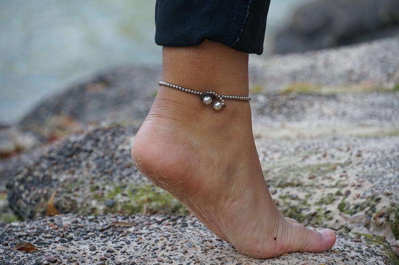 Red Stone Silver Bell Boho Anklet Adjustable Chain Women