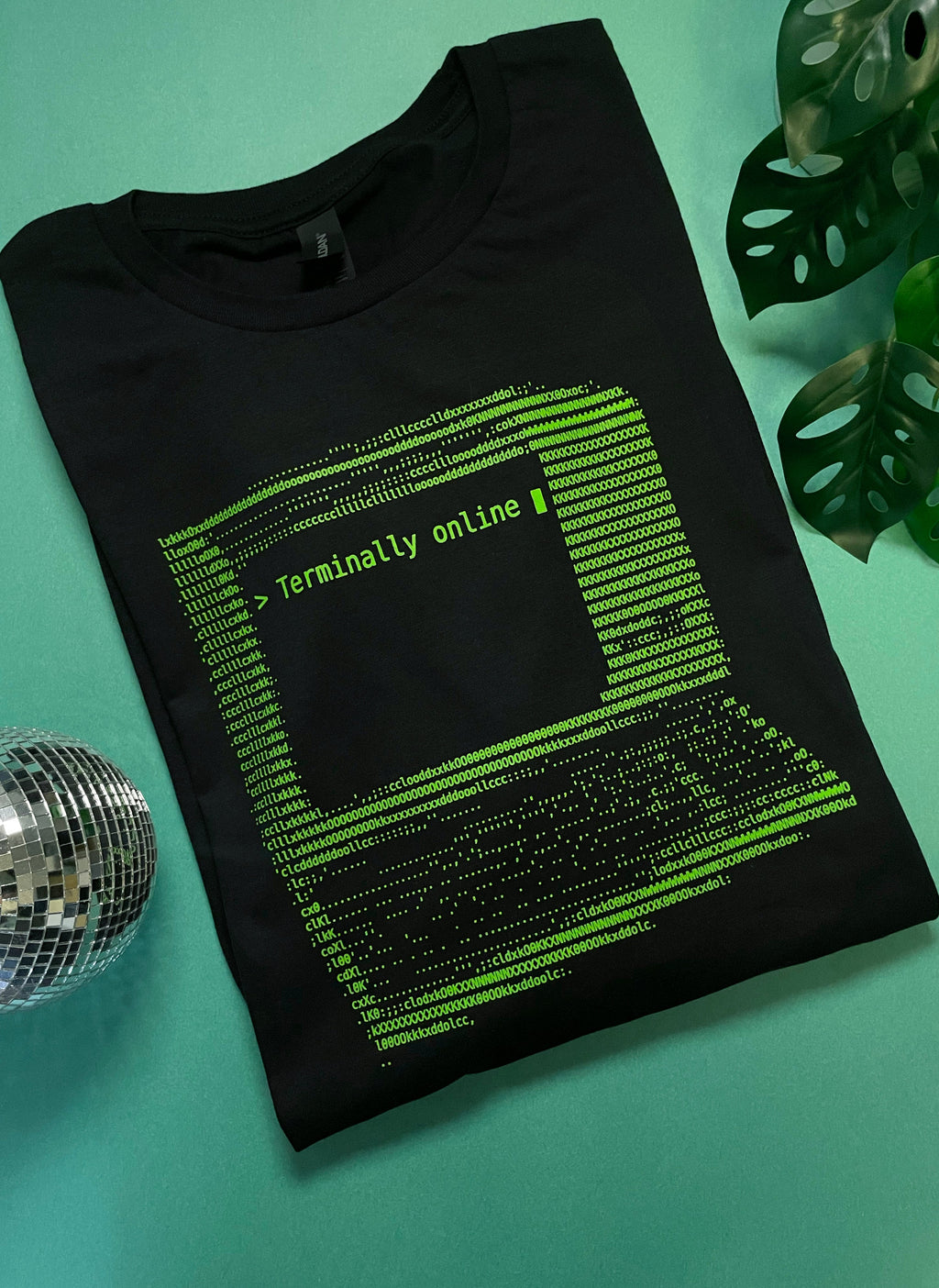 Terminally Online by Terminal Research on black unisex t-shirt
